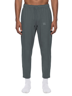 Dark Gray tapered drawstring workout pants worn front view on a white background, ankle length cut