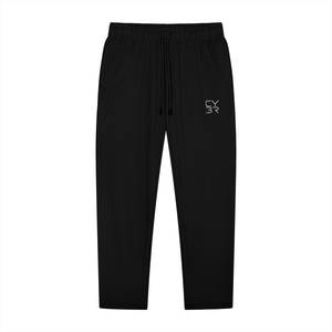 Black Tapered Drawstring Gym Sweatpants laid flat, front view with drawstring and small light logo