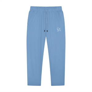 Blue tapered workout pants laid flat, front view with white drawstring, side pockets and small logo