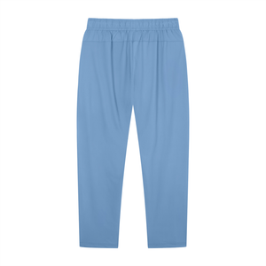 Blue tapered pants laid flat from the back, smooth elastic waist and narrow ankle hem