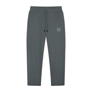 Dark Gray tapered drawstring pants laid flat, front view with black drawstring and light gray logo