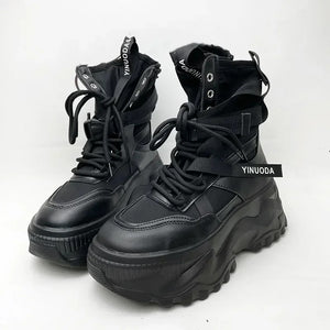 Tech Wear Boots Black, pair of black platform boots with lace-up front, wrap straps and a YINUODA strap tag