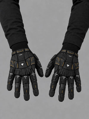 Techwear 3D Printing Mechanical Gloves worn by a person, close-up on both hands, front view on a grey studio background