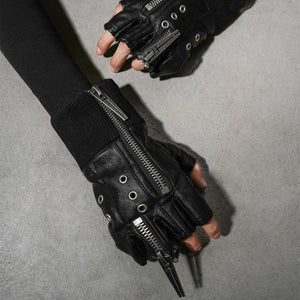 Techwear Fingerless Leather Gloves Zippers