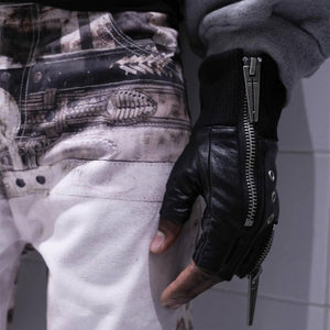 Techwear Fingerless Leather Gloves Zippers