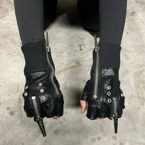 Techwear Fingerless Leather Gloves Zippers