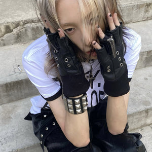 Techwear Fingerless Leather Gloves Zippers