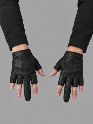 Techwear Fingerless Tactical PU Leather Gloves worn by a person, close-up on both hands, front view on a grey studio backgrou