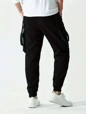 Techwear flap cargo pants in khaki, full length styling shot
