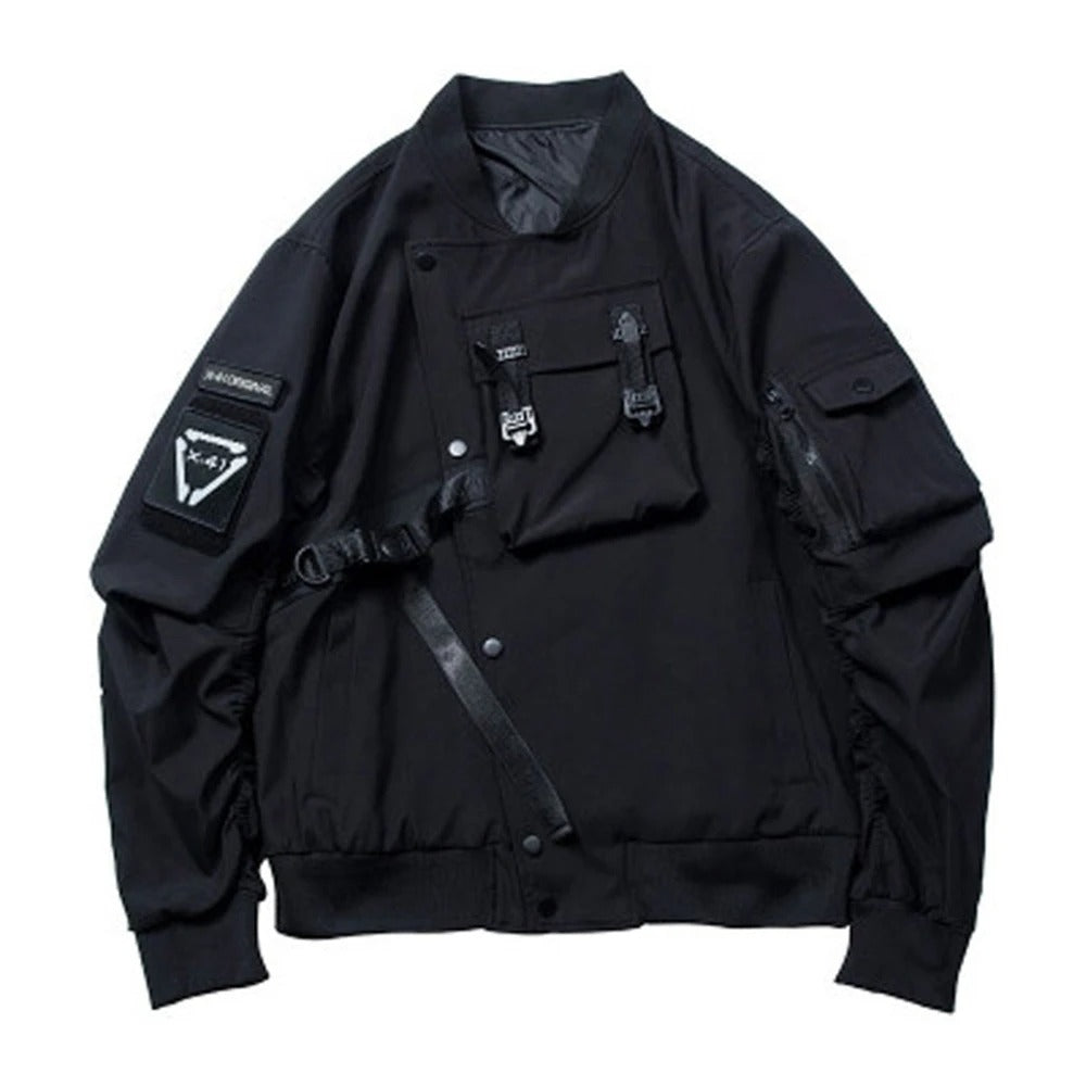Black jacket with patches and buckles on a white background