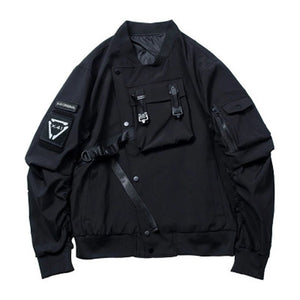 Black jacket with patches and buckles on a white background