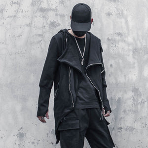 Techwear Hoodie Diagonal Zip – front view, asymmetric diagonal zip