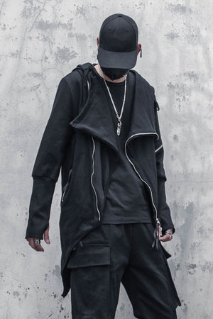Techwear Hoodie Diagonal Zip – front, open collar and zipped sleeves