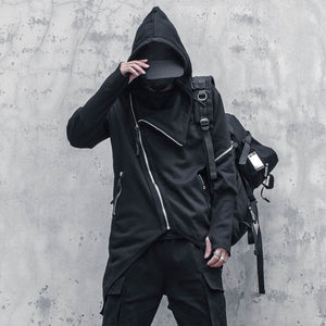 Techwear Hoodie Diagonal Zip – hood up, diagonal zip closed