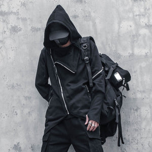 Techwear Hoodie Diagonal Zip – side front view, hood up
