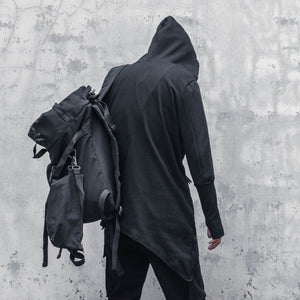 Techwear Hoodie Diagonal Zip – back view, asymmetric hem