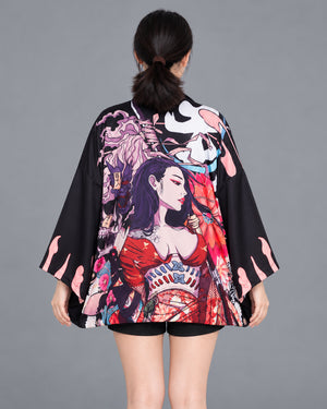 Techwear Kimono Women Japanese Girl worn by a woman, back view showing the full print
