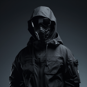 Futuristic techwear ensemble with hood, face mask, and multiple utility pockets by Cyber Techwear. It's a link for Techwear Men collection.