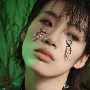 Stainless steel thorn branch earrings on angular hoops