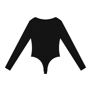 Back of the black thumbhole bodysuit laid flat, plain long sleeves and a high-cut bottom