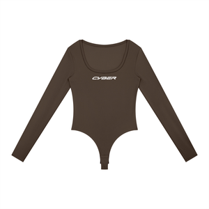 Coffee colourway of the thumbhole bodysuit laid flat from the front, dark brown with the CYBER wordmark