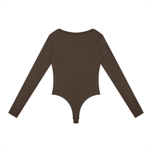 Back of the Coffee long sleeve bodysuit laid flat, plain dark brown knit with long fitted sleeves