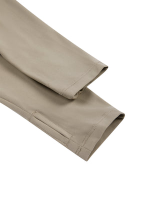 Close-up of the Khaki long sleeve cuff and its thumbhole slit on the thumbhole bodysuit