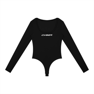 Black long sleeve bodysuit laid flat from the front, scoop neck and white CYBER wordmark on the chest