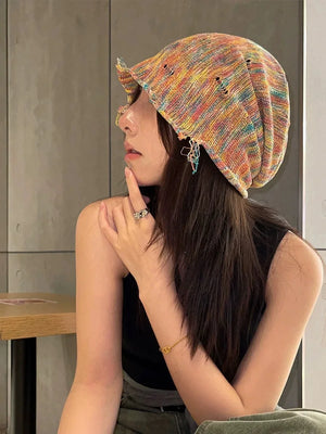 Spring Autumn Tie-dye Gradient Color Ripped Hole Vintage Beanie Knitted Hat Man Woman Hip Hop Punk Pullover Cap Head Cov