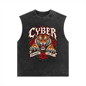 Tiger Tank Top Y2K laid flat, front view with the tiger, roses and CYBER lettering on washed black