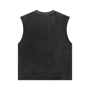 Tiger Tank Top Y2K laid flat from the back, plain washed black cotton with a clean round neck