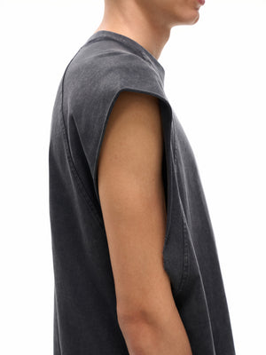 Close-up of the Tiger Tank Top Y2K on shoulder and arm, showing the wide raw-edge armhole