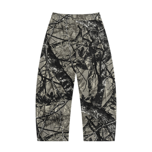Back of the grey camo trousers laid flat, the print running unbroken across both legs