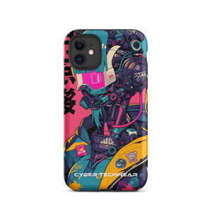 Trendsetting Colorful iPhone Case for iPhone 11, back view of the colorful cyborg with pink visor sticker-style print