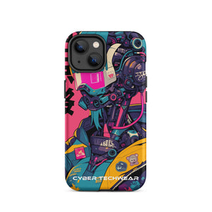 Trendsetting Colorful iPhone Case for iPhone 14, back view of the colorful cyborg with pink visor sticker-style print