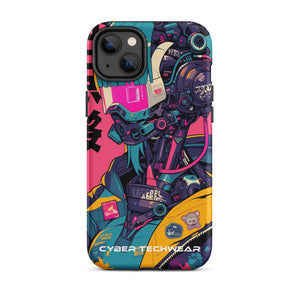 Trendsetting Colorful iPhone Case for iPhone 14 Plus, back view of the colorful cyborg with pink visor sticker-style print