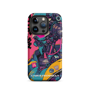 Trendsetting Colorful iPhone Case for iPhone 15 Pro, back view of the colorful cyborg with pink visor sticker-style print