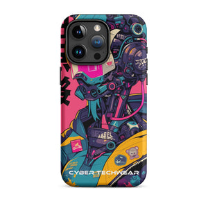 Trendsetting Colorful iPhone Case for iPhone 15 Pro Max, back view of the colorful cyborg with pink visor sticker-style print