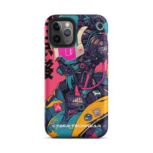 Trendsetting Colorful iPhone Case for iPhone 11 Pro, back view of the colorful cyborg with pink visor sticker-style print