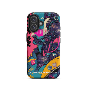 Trendsetting Colorful iPhone Case for iPhone 16, back view of the colorful cyborg with pink visor sticker-style print