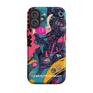 Trendsetting Colorful iPhone Case for iPhone 16 Plus, back view of the colorful cyborg with pink visor sticker-style print