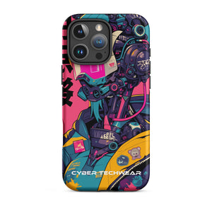Trendsetting Colorful iPhone Case for iPhone 16 Pro Max, back view of the colorful cyborg with pink visor sticker-style print