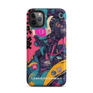 Trendsetting Colorful iPhone Case for iPhone 11 Pro Max, back view of the colorful cyborg with pink visor sticker-style print