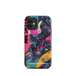 Trendsetting Colorful iPhone Case for iPhone 12 mini, back view of the colorful cyborg with pink visor sticker-style print
