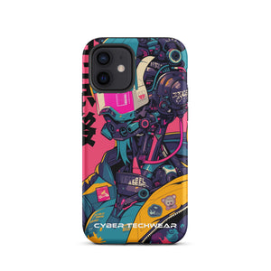 Trendsetting Colorful iPhone Case for iPhone 12, back view of the colorful cyborg with pink visor sticker-style print