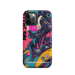 Trendsetting Colorful iPhone Case for iPhone 12 Pro, back view of the colorful cyborg with pink visor sticker-style print