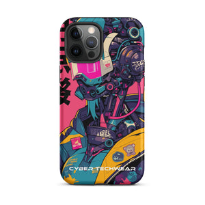 Trendsetting Colorful iPhone Case for iPhone 12 Pro Max, back view of the colorful cyborg with pink visor sticker-style print