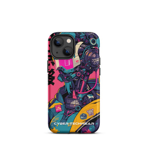 Trendsetting Colorful iPhone Case for iPhone 13 mini, back view of the colorful cyborg with pink visor sticker-style print
