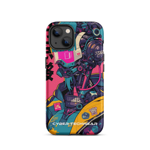 Trendsetting Colorful iPhone Case for iPhone 13, back view of the colorful cyborg with pink visor sticker-style print