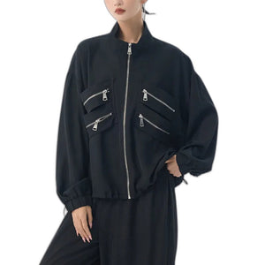 Trendy Black Zip Up Jacket Women - product view on white background
